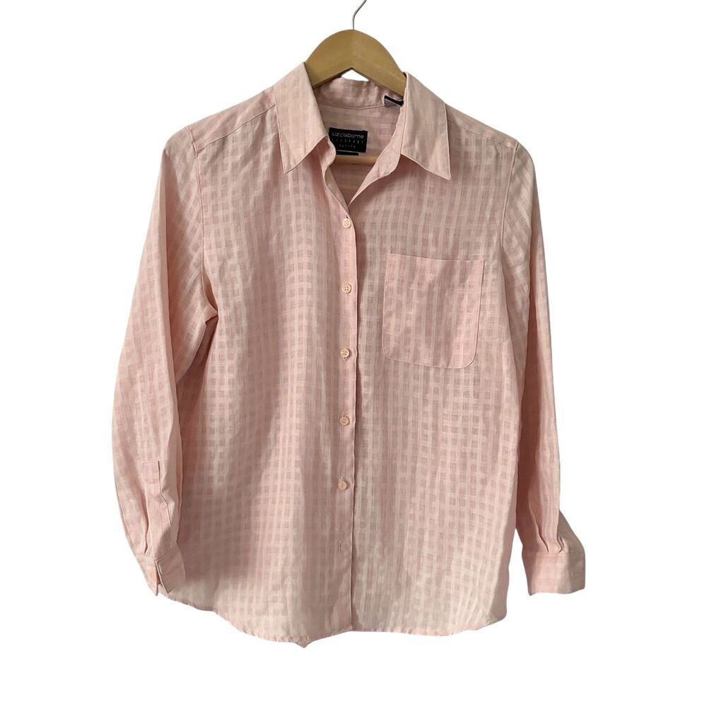 Liz Claiborne Liz Sport Petite Pastel Pale‎ Pink Irish Linen Button Up Shirt P